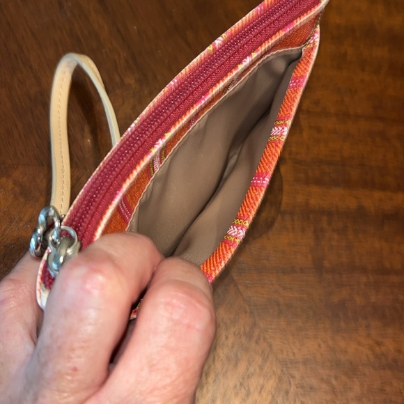 Coach Vintage wristlet coated canvas stripe Orange pink sage white/tan leather - Picture 5 of 13